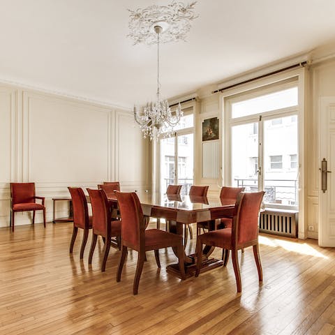 Host a celebratory soiree in the window-lined dining room