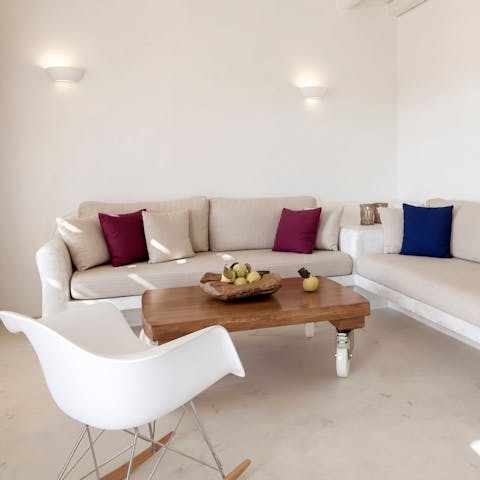 Relax in the comfortable living area after a day of exploring Naxos island