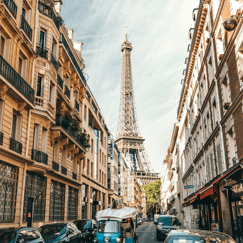 Marvel at the Eiffel Tower, a twenty-minute stroll away