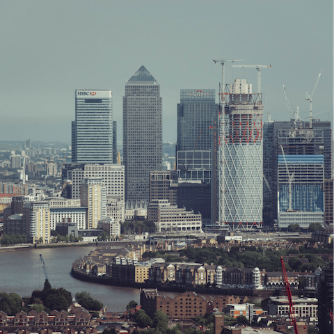 Explore bustling Canary Wharf, fifteen minutes away on foot