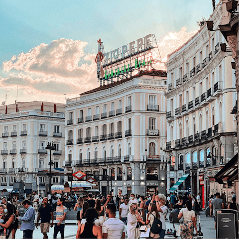 Jump on the metro for sixteen minutes to reach the vibrant Puerta Del Sol
