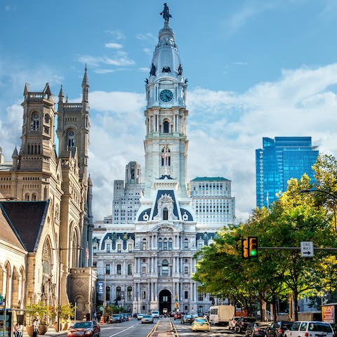 Gaze up at the imposing Philadelphia City Hall, a short walk away