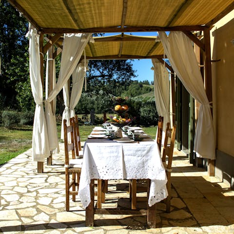 Enjoy a traditional Tuscan breakfast on the covered terrace