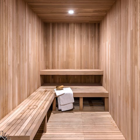 Work up a sweat in the workout area before unwinding in the sauna