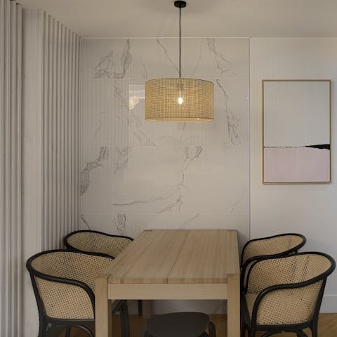 Serve drinks and tapas at the table or dine out at a nearby restaurant