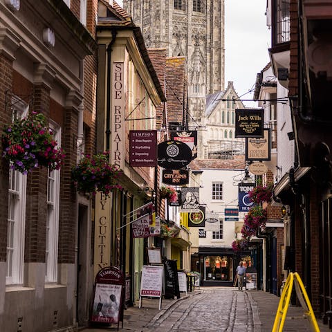 Visit the cathedral city of Canterbury, with its timber-framed houses, a twenty-five-minute drive away