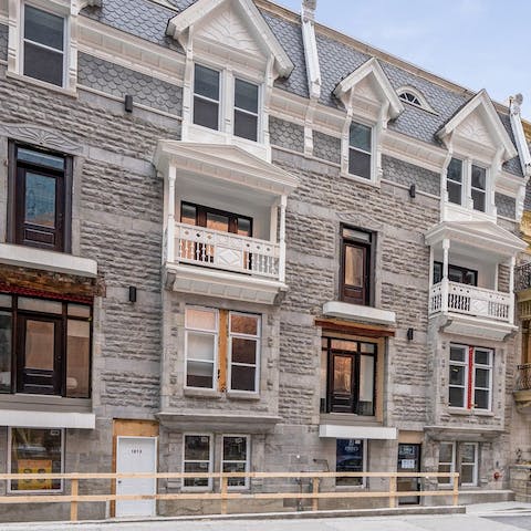 Appreciate the beautiful stone facade of this nineteenth-century building