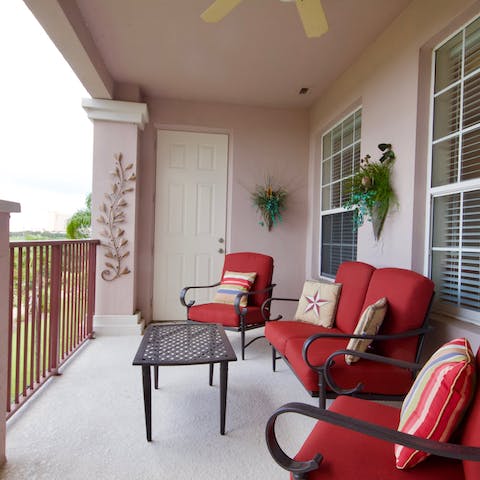 Admire views of Lake Cay from the balcony