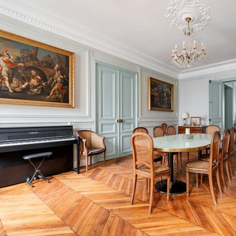 Enjoy formal dining with a few tunes in the elegant dining room