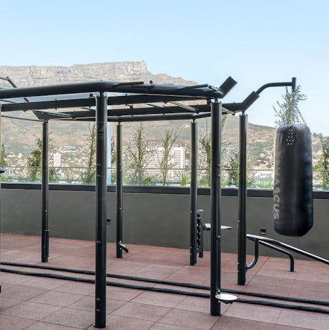 Catch a morning work out on the rooftop open-air gym before you start your day
