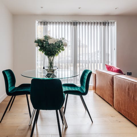 Cook up a hearty breakfast in the minimalist kitchen and dine next to the floor-to-ceiling window