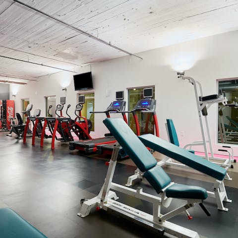 Head to the communal on-site fitness centre for a morning workout