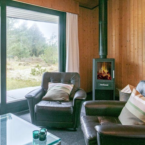 Gather around the wood-burning stove after a long day of hiking and swimming
