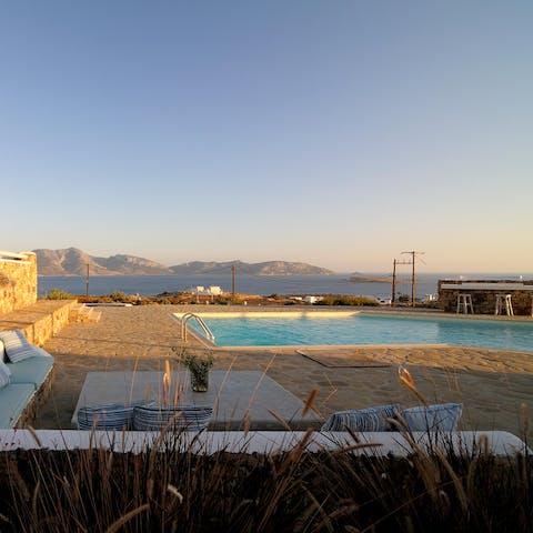 Splash about in the pool with a fabulous view of the Aegean Sea in the distance