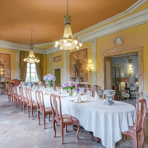 Get everyone together for a lavish meal in a luxurious setting at the dining area seating up to twenty-four guests