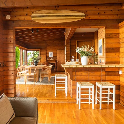 Enjoy unique design features like the cabin-inspired wood panelling 