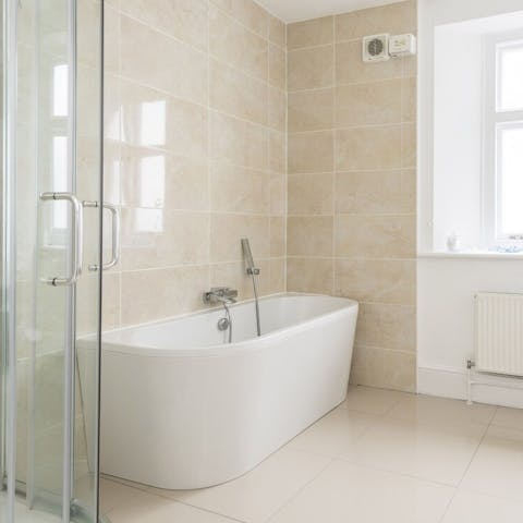 Enjoy a long soak in the freestanding bath tub