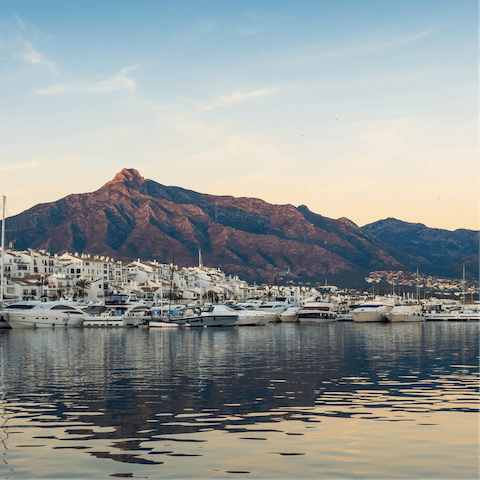 Admire the mountain views from a restaurant along Marbella's Port