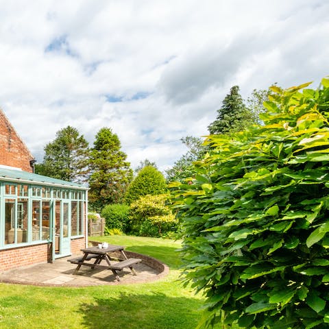 Sit on the garden bench with a cup of coffee and a bite of toast