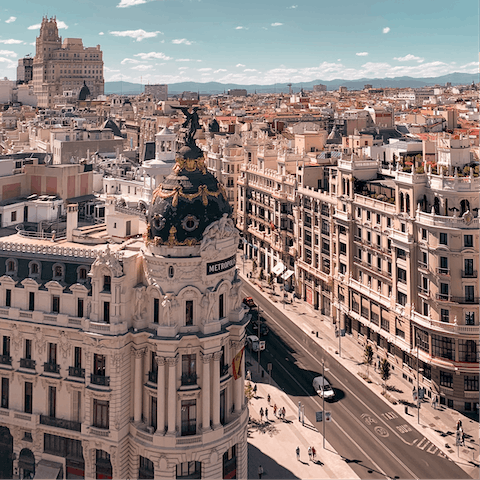 Visit Madrid's most famous street, Gran Via, located just a short stroll away