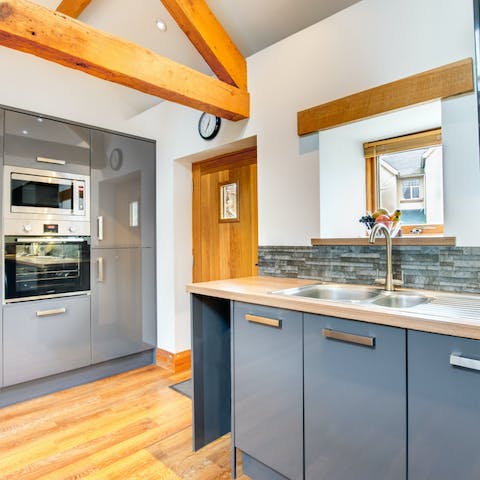 Admire the home's mix of traditional features and sleek decor