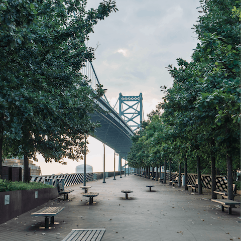 Enjoy evening strolls along the Delaware River, just eight minutes from your door