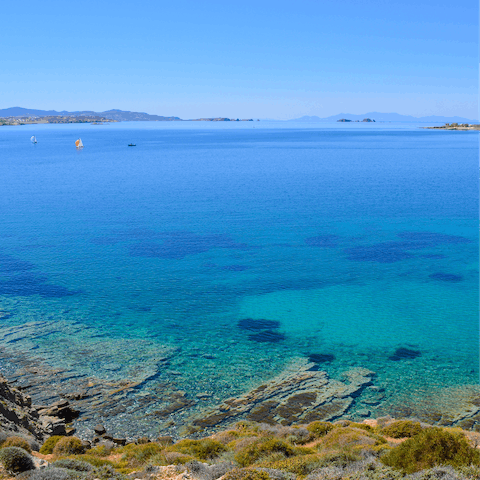 Spend the day on the glistening beach of Paralia Agia Irini - either a twenty-eight-minute walk or six-minute-drive away