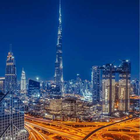 Explore downtown Dubai, home to the Burj Khalifa, around fifteen minutes away