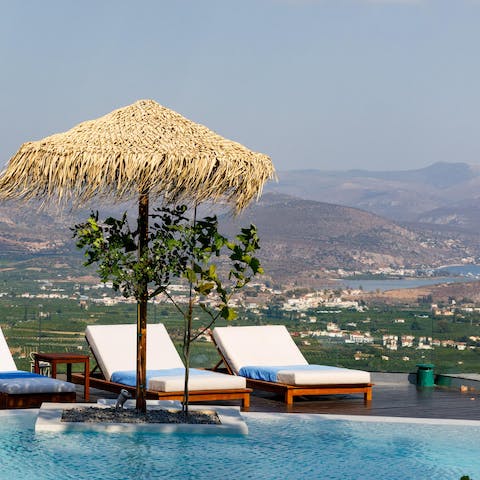 Relax in the sunshine on a poolside lounger or enjoy a refreshing swim in the private pool