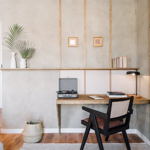Catch up on work at the living room's dedicated desk space