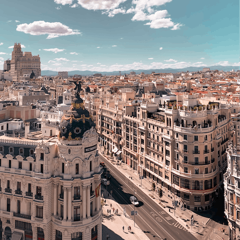Explore Madrid and its famous Gran Vìa, just three-minutes away