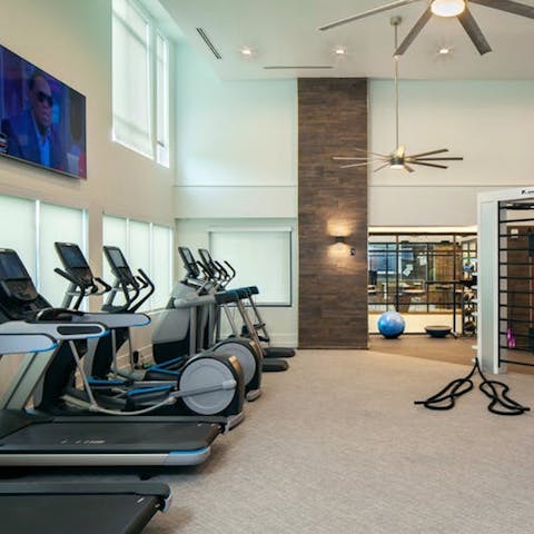 Keep up with your workout routine at the on-site gym